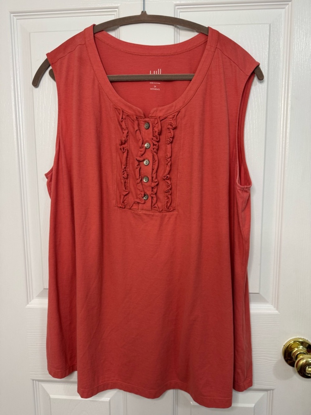 J. Jill 100% Cotton Red Orange Coral Ruffle-Button Henley Sleeveless Tank Top 2X